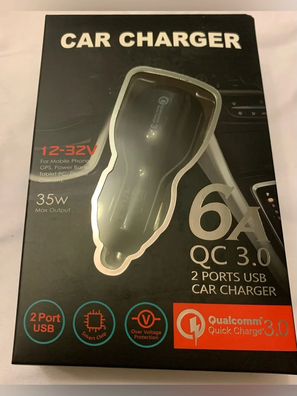 (4 Total Count) ~ 6A Dual USB Car Charger QC 3.0 Fast Charging - Black